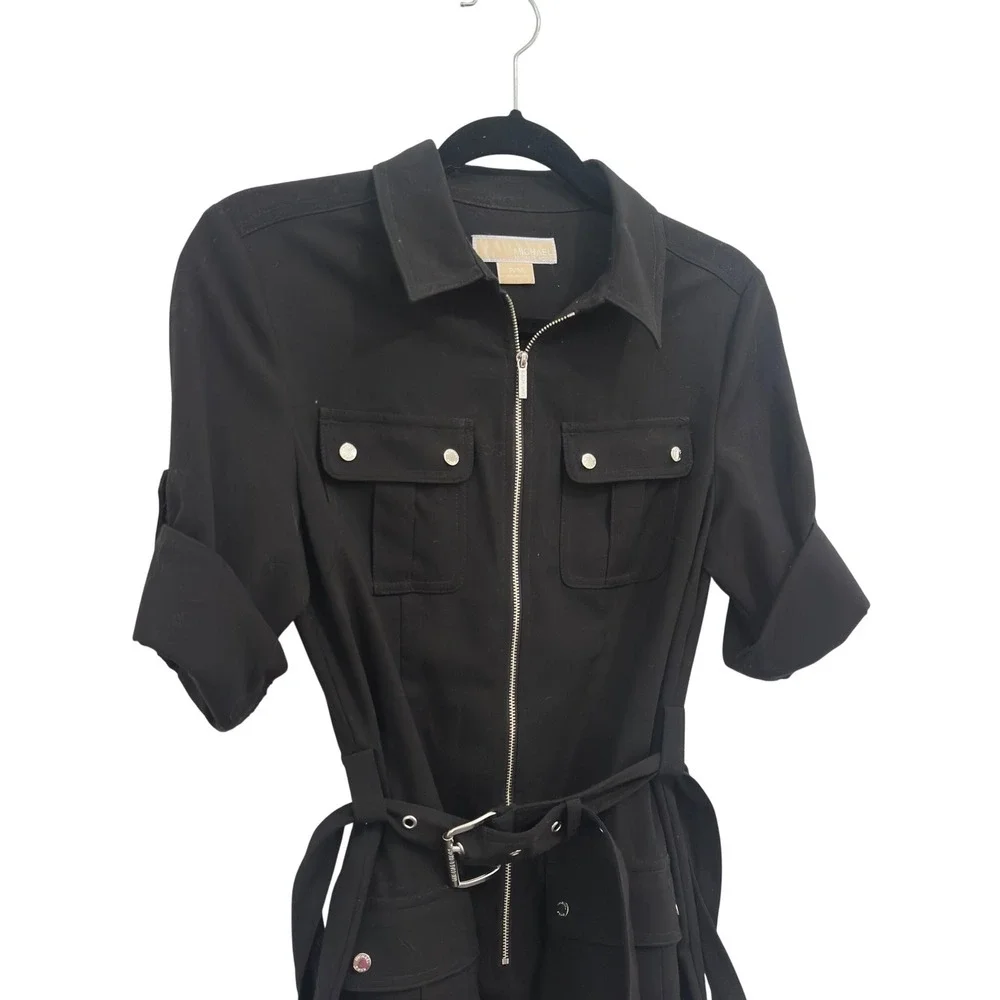 Michael Kors Utility Shirt Dress Black Stretch Twill Belted Zip Front PM